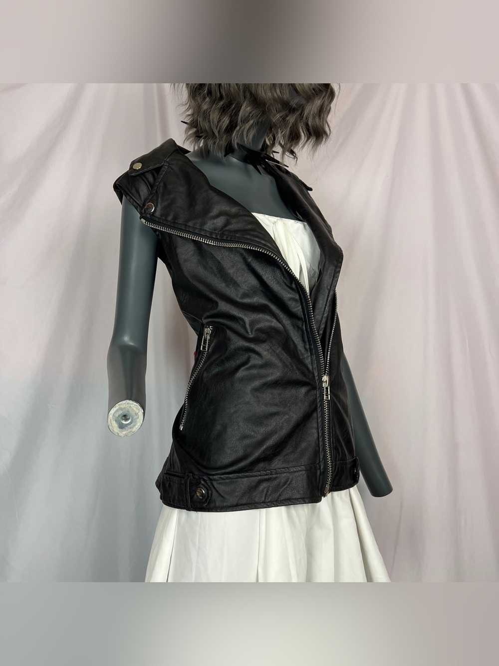 Black Faux Leather Sleeveless Asymmetrical Zipper Bomber Vest Jacket